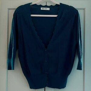 Grace Karin Teal Cropped 3/4 Sleeve Pointelle Knit Sweater, Size XL